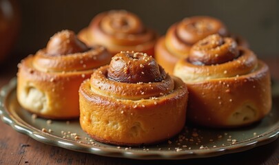 Delightful, freshly-baked cinnamon rolls on a rustic plate, perfect for food blogs, bakeries, and recipe websites. Indulge in the warmth of home baking.