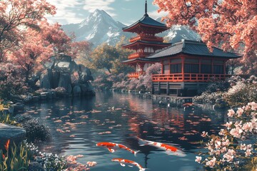 Obraz premium Traditional Japanese Pagoda Temple and Koi Fish Pond Surrounded by Cherry Blossoms