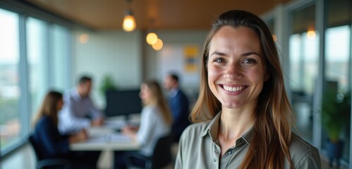 Fototapeta premium Smiling professional woman in a bright modern office ideal for corporate headshots hr materials and consulting ads