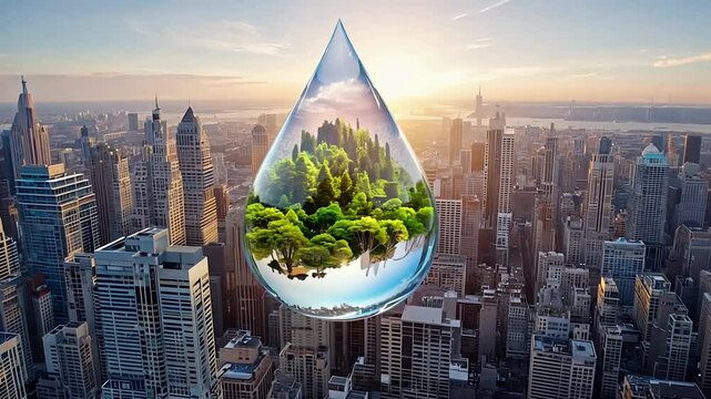 Aerial cityscape, droplet shaped forest structure, sunset golden glow, packed skyscrapers