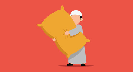 Pixelated Muslim Man Holding a Large Yellow Pillow in Vector Graphic Against Red Background