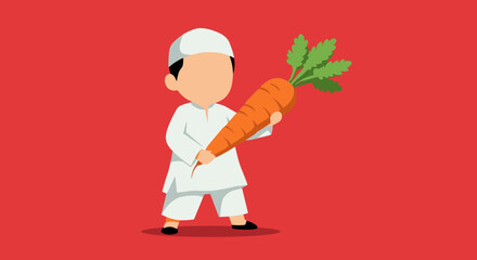 Pixelated Muslim Man Holding Large Orange Carrot Against Red Background in Flat Vector Illustration