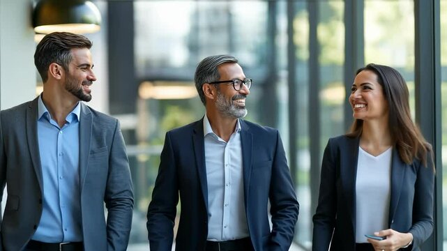 A trio of smiling, professionally dressed individuals walk through a modern office environment. The two men , one woman are all wearing business attire. The scene conveys collaboration , positivity.