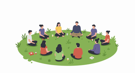 A diverse group sits in a circle on grass, meditating or connecting. Peaceful scene, ideal for wellness, community, or mindfulness concepts.