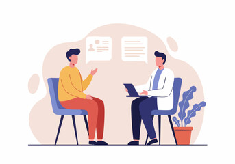 A doctor consults with a young man in a modern office setting. The scene conveys a professional and supportive atmosphere. Clean, bright, and approachable.