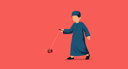 Fototapeta premium Pixelated Vector Illustration of a Young Muslim Boy Playing with a Yo Yo against a Solid Red Backdrop