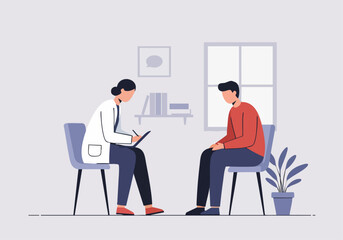 A doctor sits across from a young man during a consultation. Clean, modern office setting. Focus on communication and healthcare.