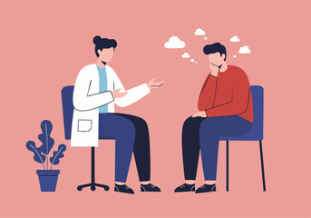 A doctor speaks with a young man in a consultation. The scene conveys empathy and care. Clean, modern design with a soft color palette.
