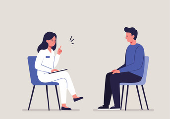 A doctor speaks with a patient in a consultation setting. The woman, wearing a white coat, points while the man listens attentively. Clean, modern style.