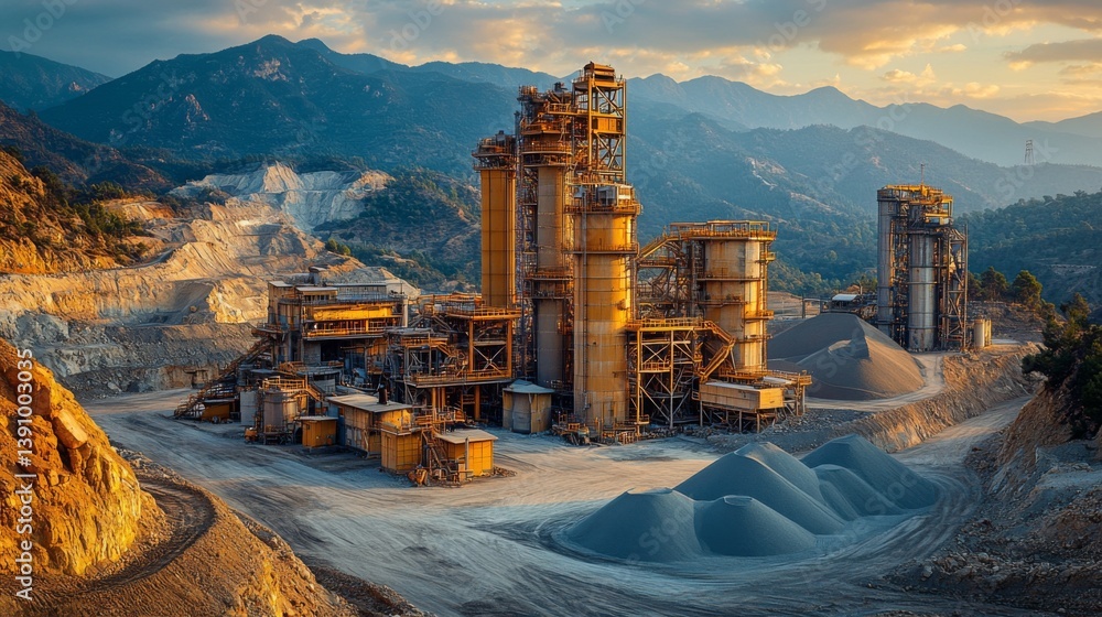 Poster a large mining and processing site features towering structures and machinery extracting minerals, s