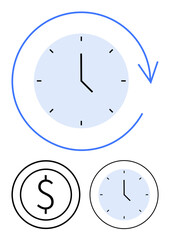Clock with an arrow circling around its perimeter and a dollar sign suggesting time and cost correlation. Ideal for time efficiency, productivity, finance, cost-saving, project management
