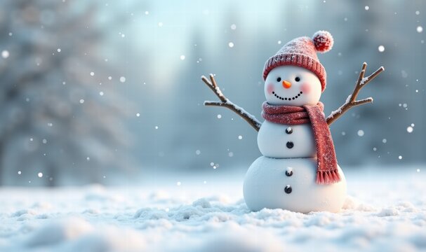 A cheerful snowman stands in a snowy landscape, spreading joy during the winter season. Perfect for holiday promotions or seasonal marketing materials.