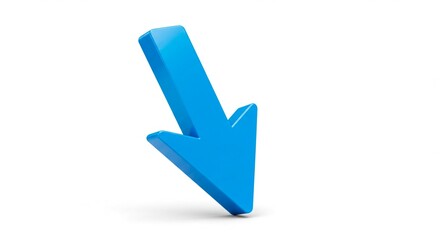 Bright blue arrow pointing downwards and to the left, set against a clean white background, symbolizing direction and movement.