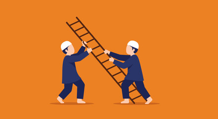 Obraz premium Two Men In Blue Holding Pixel Ladder On Orange Background Illustrating Teamwork And Cooperation