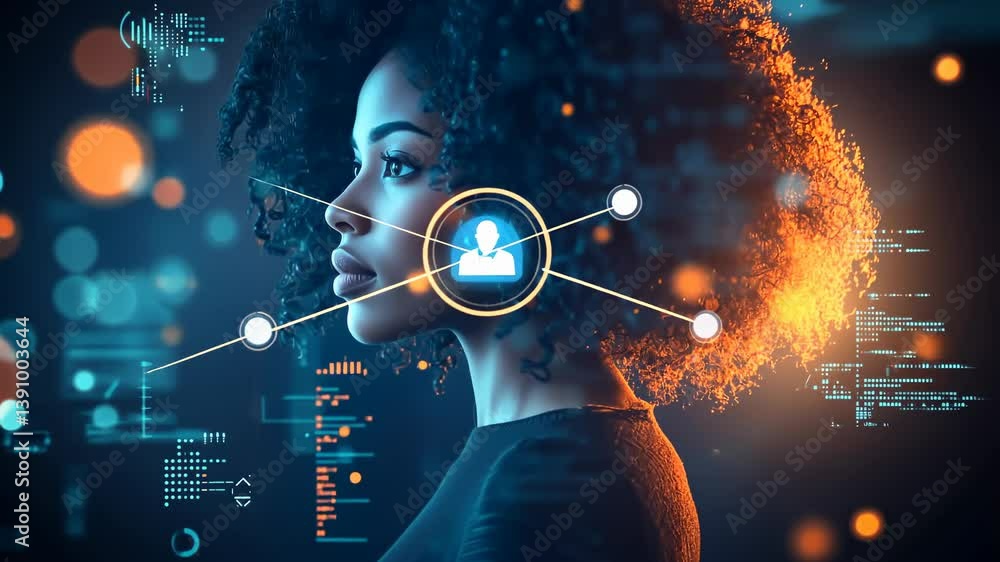 Poster a stylized representation woman's profile digital overlays. data points , connections highlight blen