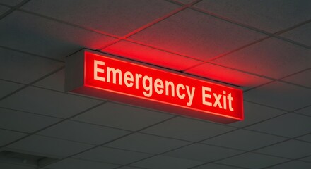 A low angle shot of a red emergency exit sign hanging from a tiled ceiling indoors at night