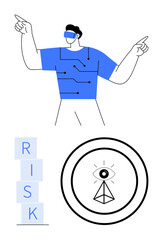 Person wearing VR headset with circuit-themed shirt points outward risk blocks stacked vertically abstract eye within a circular frame. Ideal for technology trends, AI, virtual worlds, decision