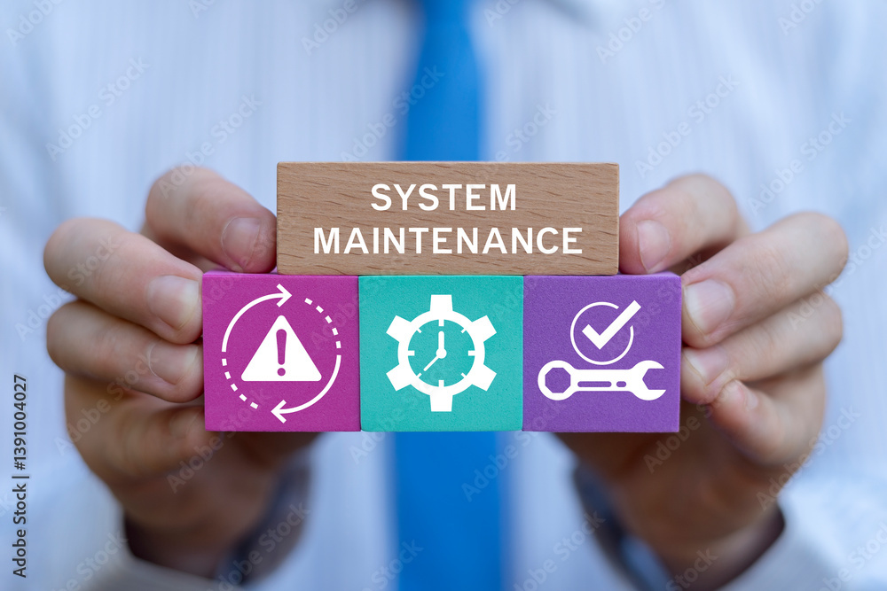 Poster business person holding colorful blocks sees inscription: system maintenance. update software and sy