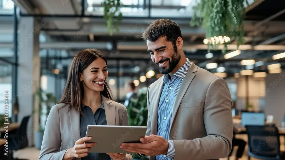 Aufkleber two smiling colleagues are reviewing a tablet in a modern office setting. the workspace is bright an