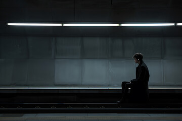 lonely russian man, a young russian man sits alone on a station bench, wearing headphones and a dark coat, in a quiet, empty, and dimly lit station