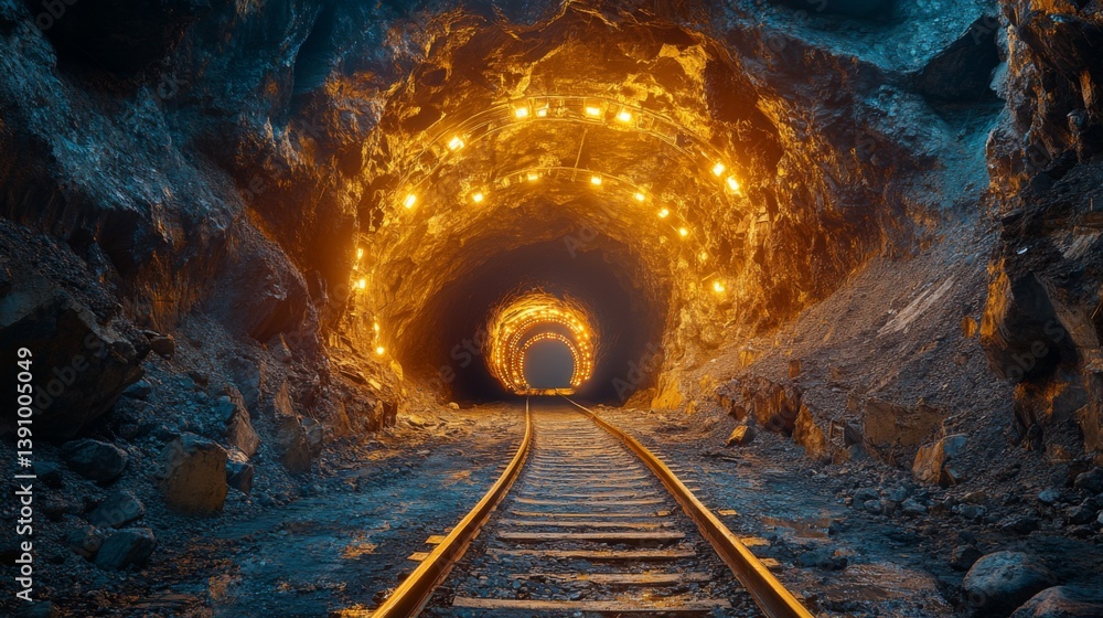 Fototapete an underground mining tunnel displays illuminated walls and tracks extending into the distance. the 
