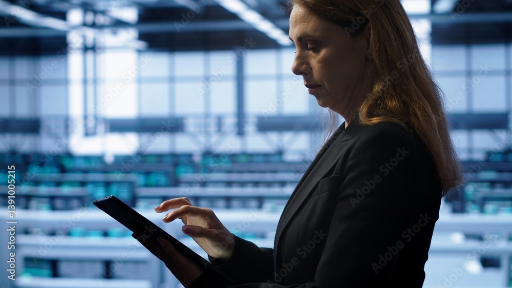 Poster meticulous technician doing checkup, inputting data on tablet of needed fixes in server hub housing 