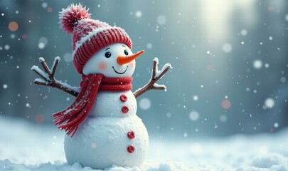Fototapeta premium A cheerful snowman in a snowy landscape, radiating joyful winter vibes, perfect for holiday themes, greeting cards, and winter promotions.