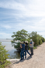 Women enjoy the scenery while birdwatching in a wetland.