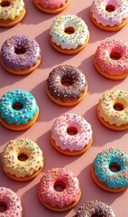 A colorful array of donuts featuring various flavors and toppings, perfect for bakery advertisements, food blogs, and sweet treat promotions.
