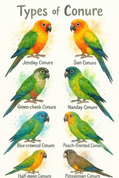 Types of Conure Parrots Chart, Educational Poster Art, Colorful, Detailed, Birdwatching Guide, Natural History Display