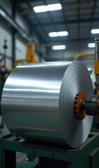 A close-up view of a metal coil on a production line, showcasing industrial manufacturing processes and machinery in a modern facility.
