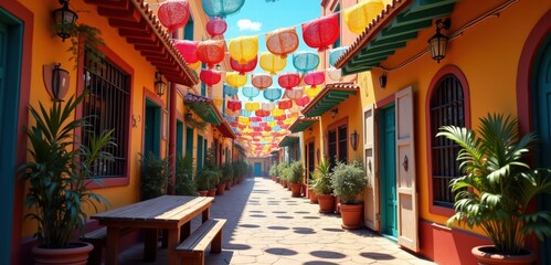 Fototapeta premium A vibrant alley adorned with colorful lanterns and bright buildings, perfect for tourism, cultural projects, or lifestyle branding.