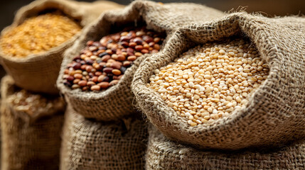 costales de arpilleras de manta con granos semillas cereales o legumbres extraidos de la tierra de la cosecha y de la agricultura alimentos saludables y organicos