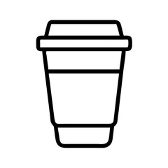 Black outline icon of disposable coffee cup with lid in minimal line style for cafe menu or takeaway drink design