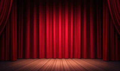 Fototapeta premium A rich, red velvet curtain on a wooden stage, perfect for theater, performance arts, and event promotion visuals.