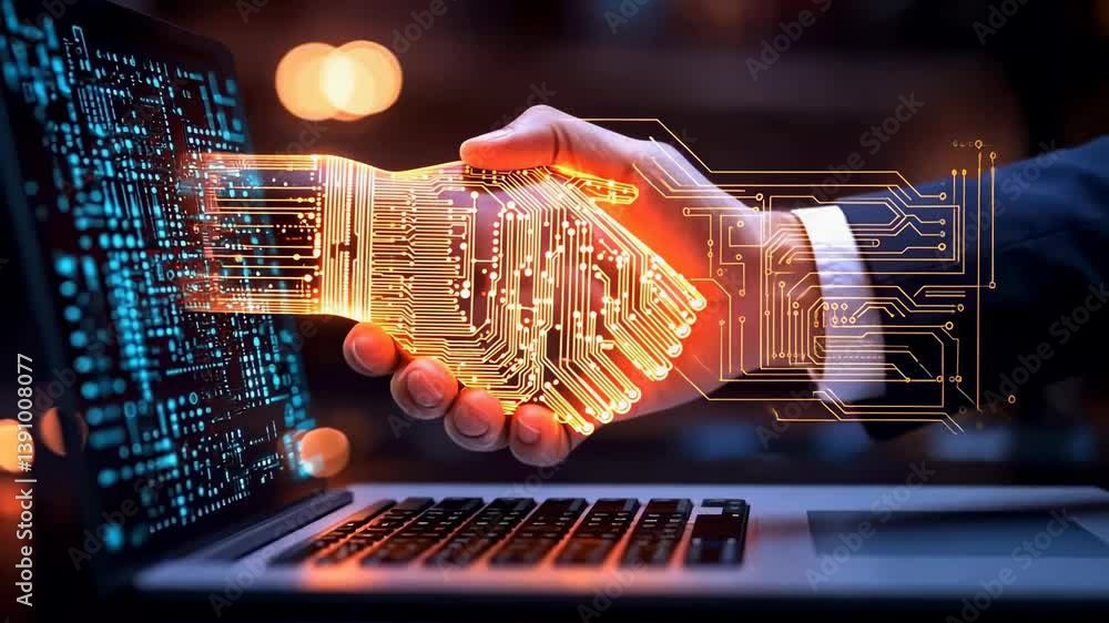 Poster A conceptual displays handshake represented glowing golden circuits. It signifies modern partnership digital age. The background blurs into soft bokeh lights creating business tech atmosphere.