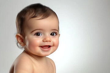 Adorable Smiling Baby with Big Eyes and Joyful Expression in Soft Warm Light