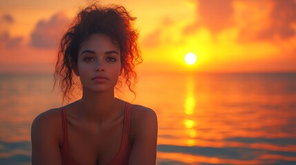 Sunset portrait of a young woman at the beach
