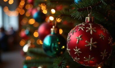 Obraz premium Celebrate the holiday spirit with this festive image of beautifully decorated Christmas ornaments and sparkling lights, perfect for seasonal promotions and decorations.