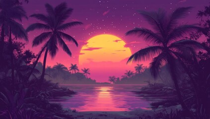 Naklejka premium Tropical sunset over a tranquil river. Lush jungle surrounds the scene, bathed in vibrant sunset hues