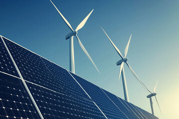 Solar Panels and Wind Turbines Under Clear Blue Sky for Renewable Energy Generation