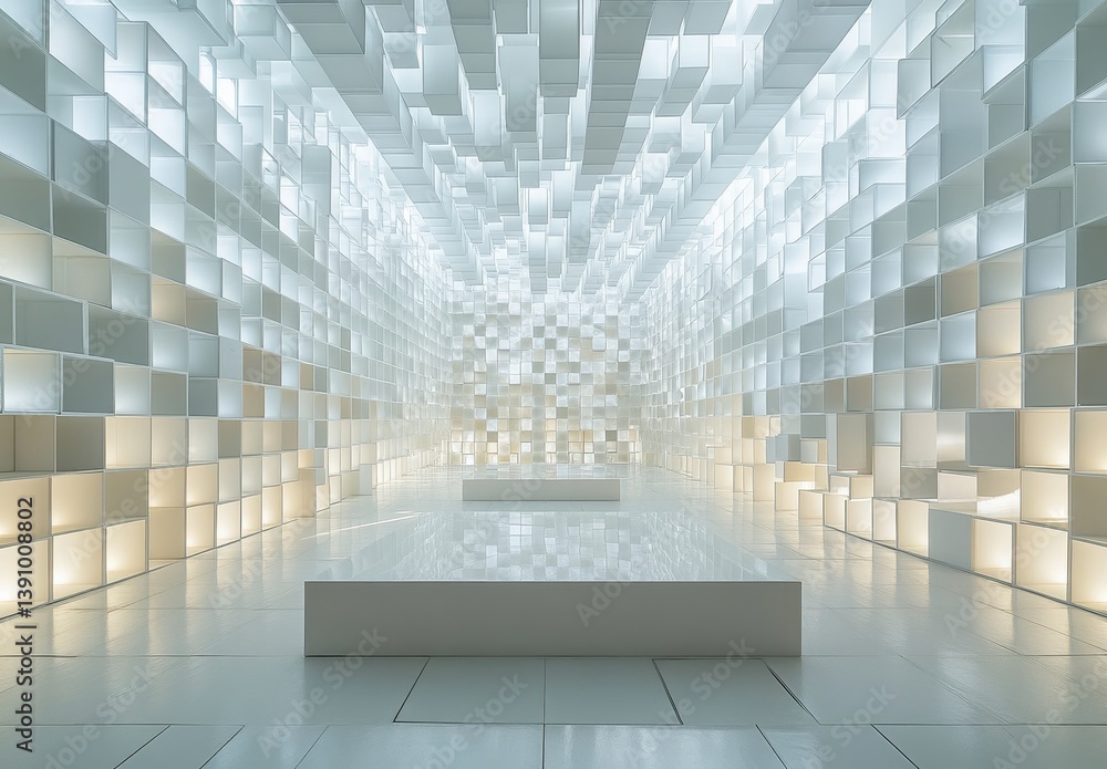 Aufkleber abstract white cube room with square pedestals under geometric ceiling structure in bright interior 