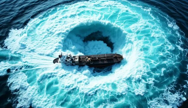 a tanker ship sucked into a whirlpool