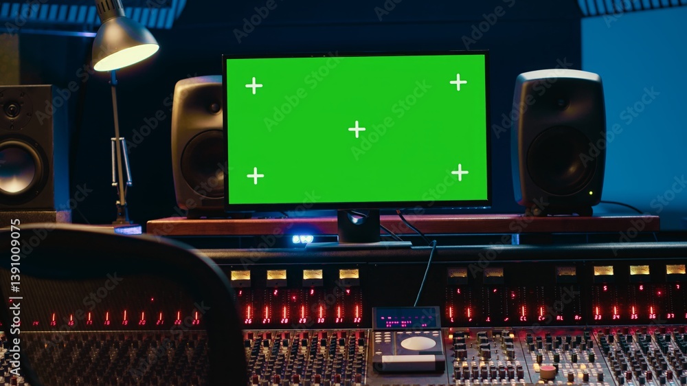 Aufkleber Control room with greenscreen running on computer next to buttons and sliders, multiple controls and switchers on panel board mixing console. Empty professional studio with stereo gear. Camera A.