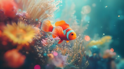 Colorful Orange Clownfish with White Stripes Amidst Vibrant Coral Reef and Sea Anemones