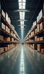 A spacious warehouse interior showcasing neatly organized shelves filled with boxed goods, ideal for logistics, inventory management, and retail visuals.