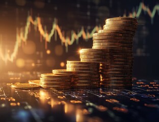 Golden coins stacked in a rising staircase, illuminated, over financial charts
