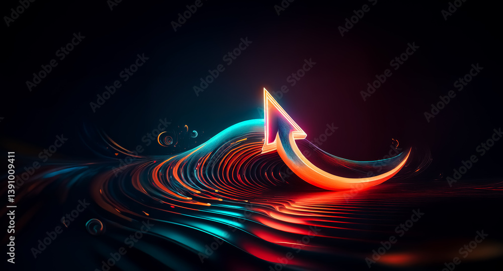 Poster vibrant arrow of light emerges from swirling waves against a dark backdrop, creating a dynamic and f