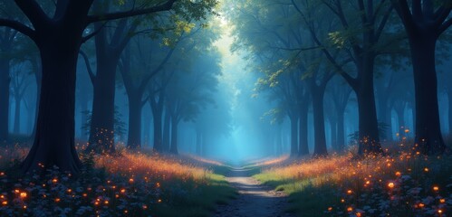 A serene forest pathway bathed in mystical blue light, inviting exploration and contemplation, perfect for themes of nature, tranquility, and inspiration.