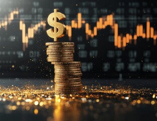 Gold coins stacked high, dollar sign atop, financial market data background